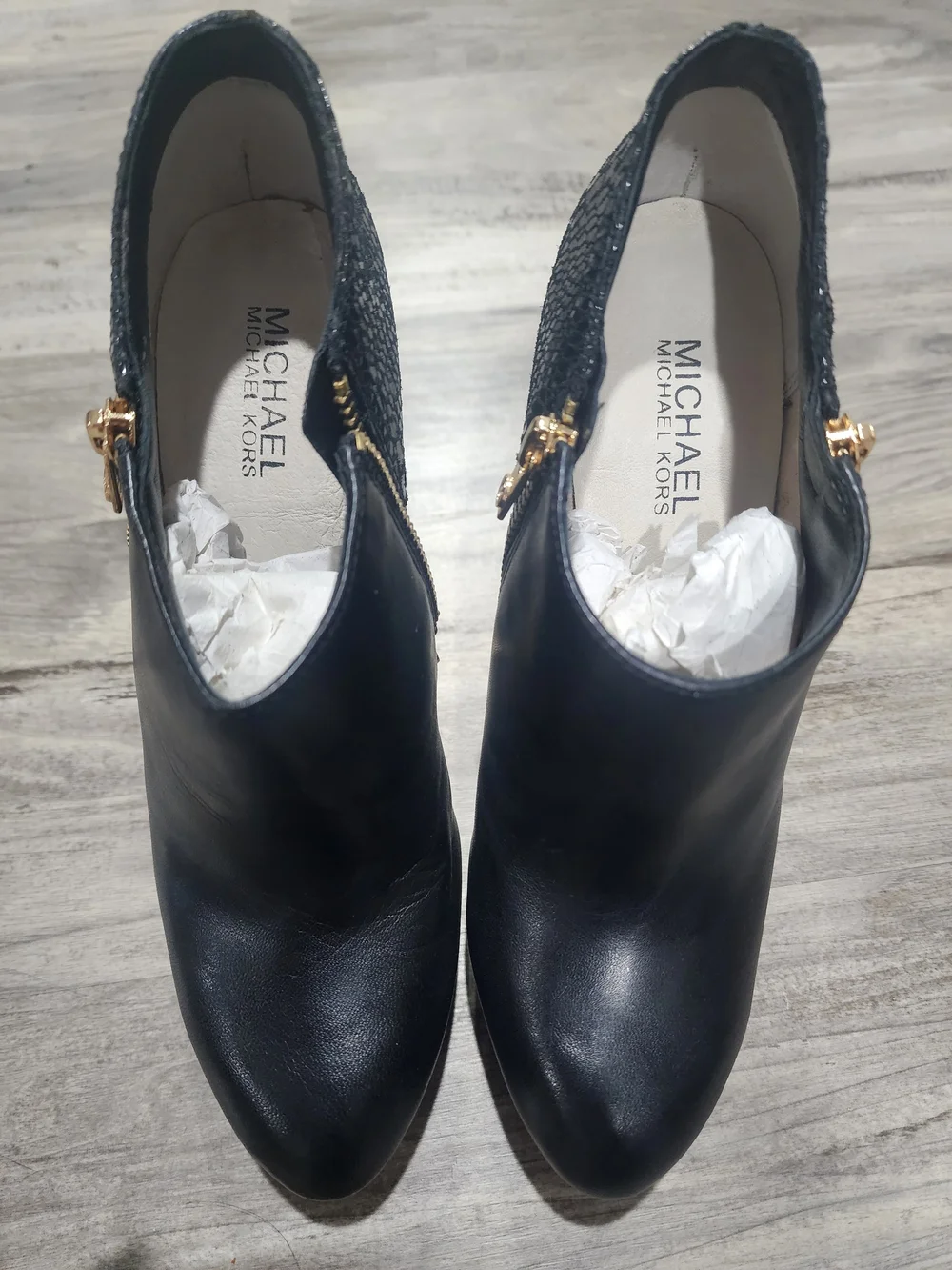 Michael Kors Black Leather Ankle Booties with Gold Hardware
